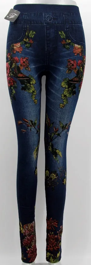 DENIM LOOK LEGGINGS - BIG FLORAL