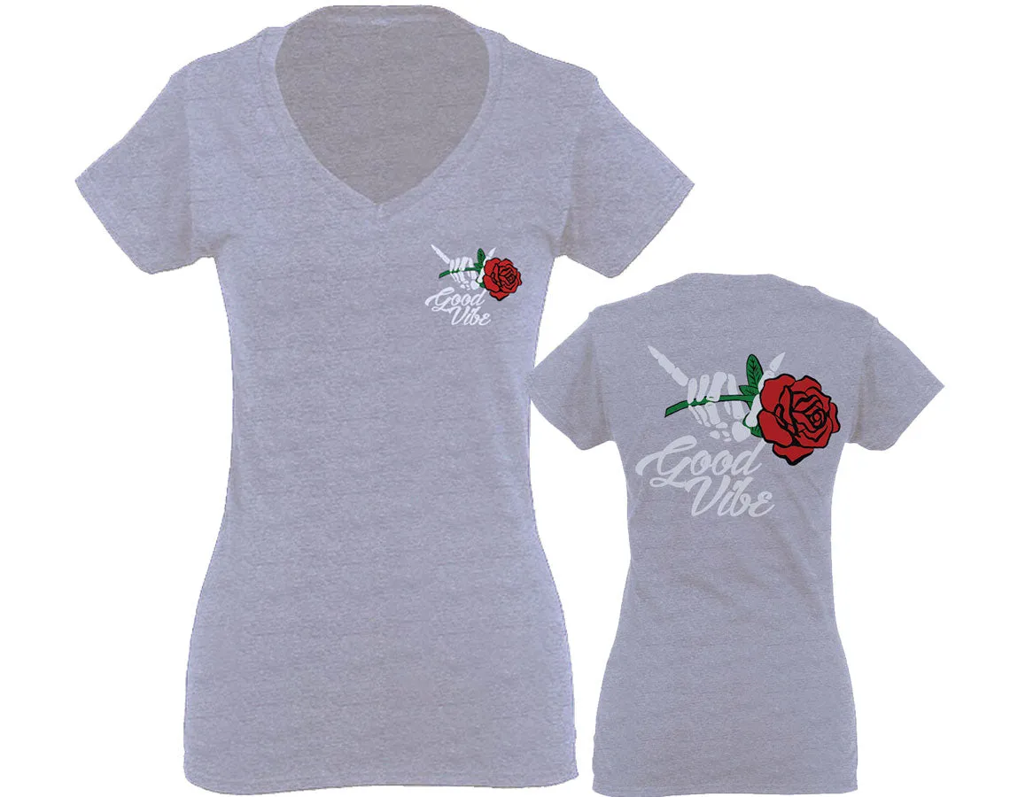 Good Vibe Flowers Bones Hand Shaka Cool Vintage Hipster For Women V neck fitted T Shirt