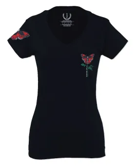 Graphic Cool Till Death Flower Skull Primitives Butterfly Vibes Floral For Women V neck fitted T Shirt